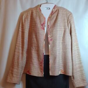 CANVASBACKS Women's Blush Silk Woven Jacket With Floral Trim Size 14.